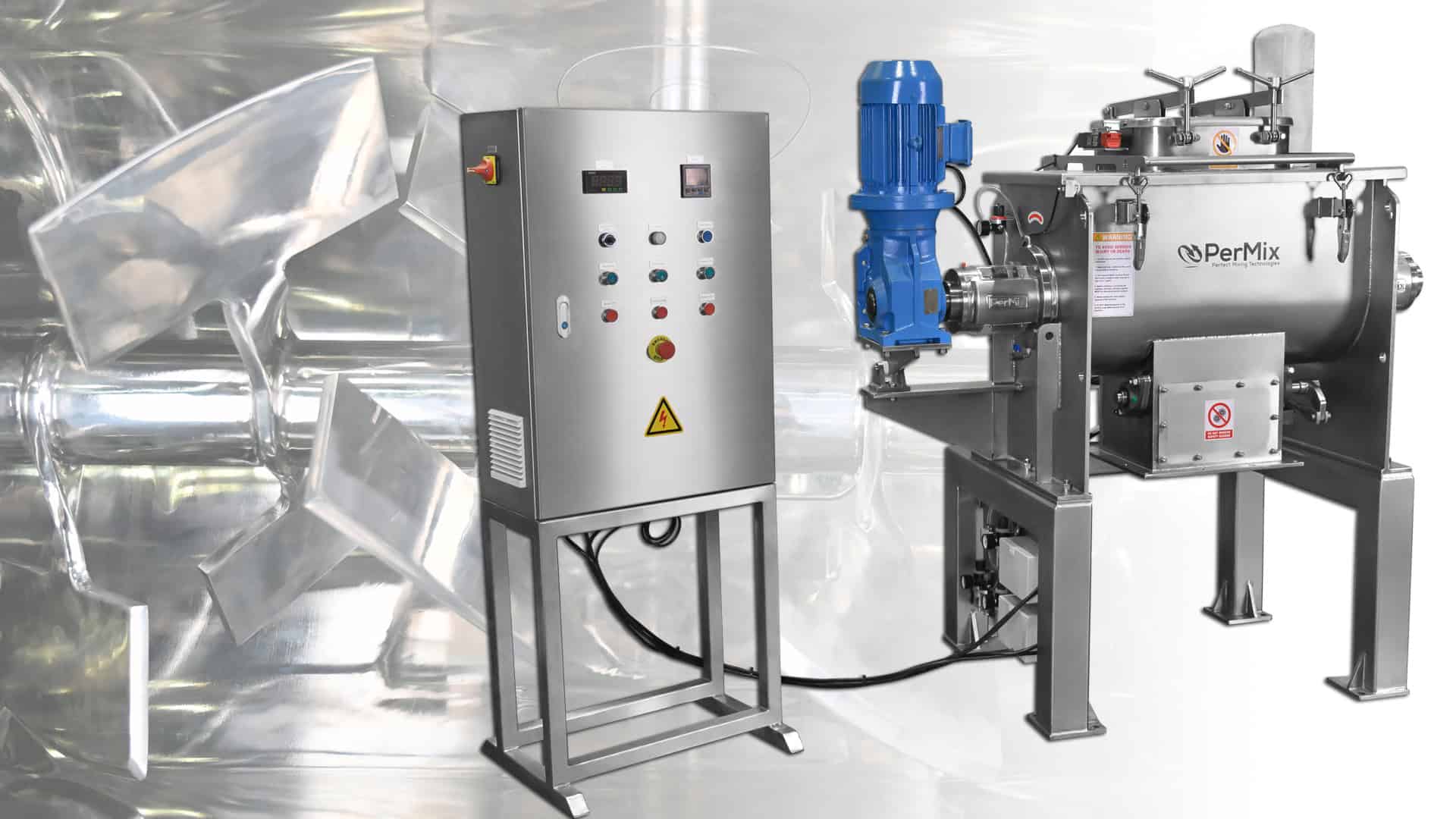 Industrial paddle mixer with control panel and blue motor, ideal for polymer mixing and industrial powder blending.