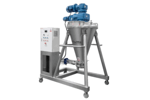 Industrial powder mixer machine with paddle mixer and control panel, ideal for polymer mixing and tumbling blending processes.