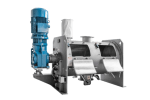 Industrial paddle mixer with blue motor and metal chamber, ideal for polymer and powder mixing, isolated on gray background.