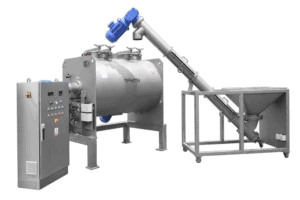Industrial stainless steel powder mixer machine with control panel, paddle mixer, auger conveyor, and hopper for tumbling mixing.
