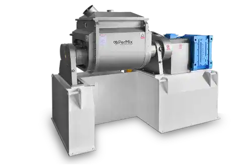 PerMix stainless steel paddle mixer for polymers, featuring a horizontal drum and blue motor—ideal for industrial powder mixing.