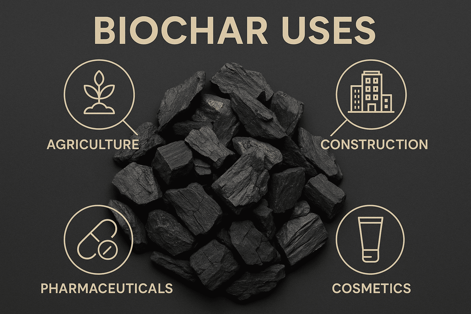 Biochar pile with icons illustrating its applications in agriculture, construction, pharma, and cosmetics—industrial mixers shown.