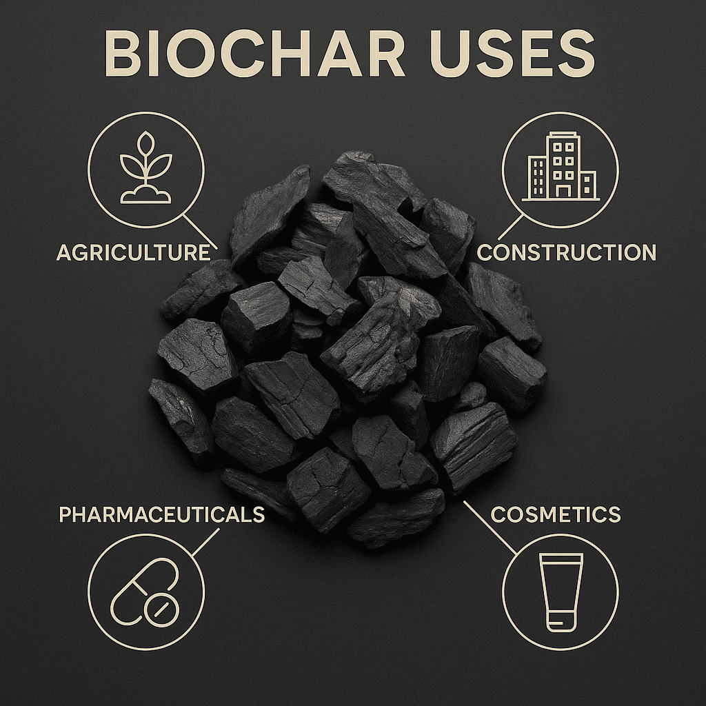 ערימת ביו-פחם עם סמלים הממחישים את שימושיו בתעשיות החקלאות, הבנייה, התרופות והקוסמטיקה.