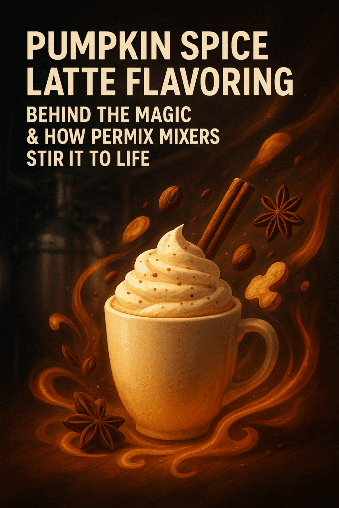 Pumpkin spice latte with whipped cream, spices, and Permix info—ideal for powder mixers, paddle, polymer and planetary mixers.