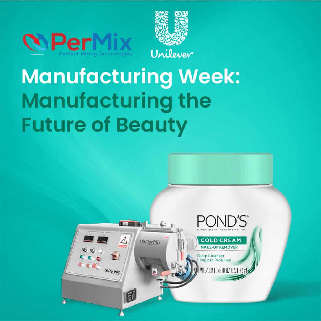Cold cream jar, powder mixer machine, PerMix and Unilever logos for Manufacturing Week: Future of Beauty.