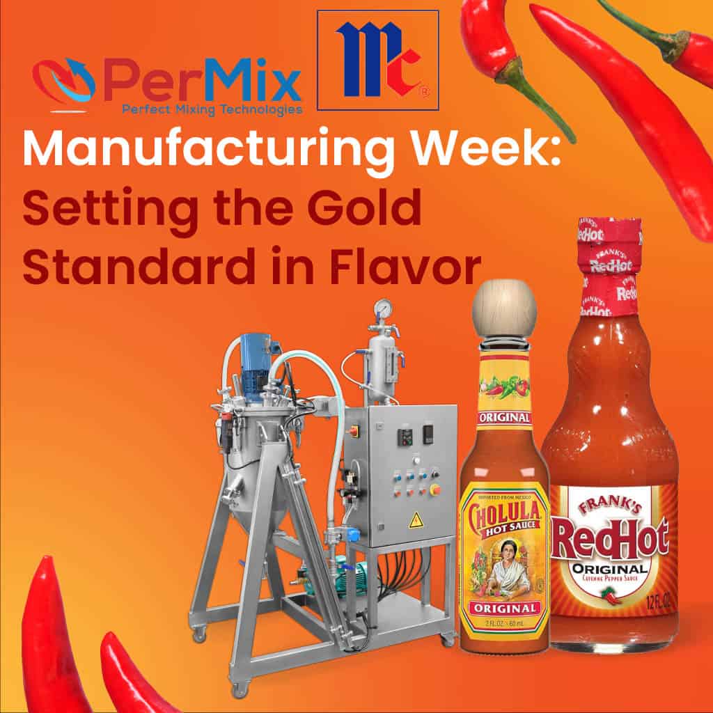 Industrial powder mixer with Cholula and Frank's RedHot bottles, chili peppers, and "Setting the Gold Standard in Flavor" text.