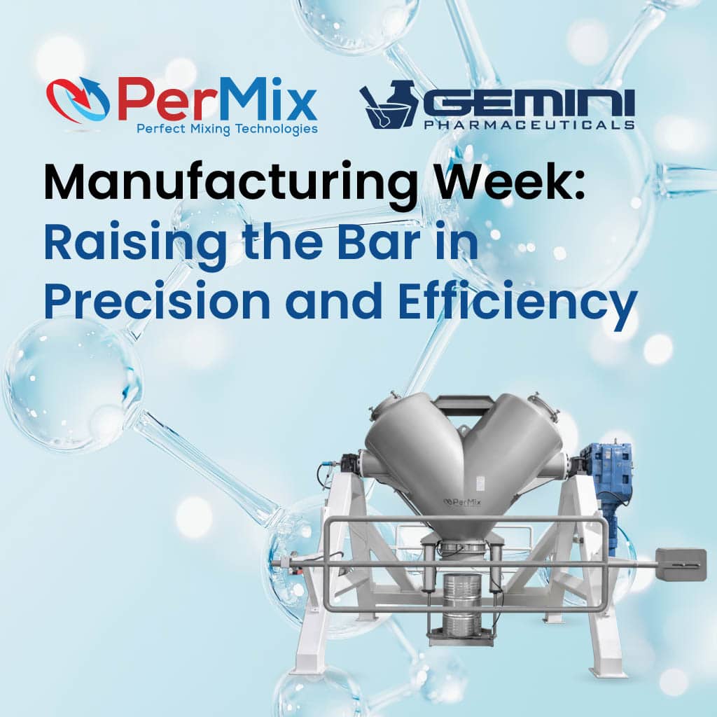 Manufacturing Week promo: PerMix, Gemini Pharma logos, powder mixer machine, double planetary and paddle mixers on blue background.