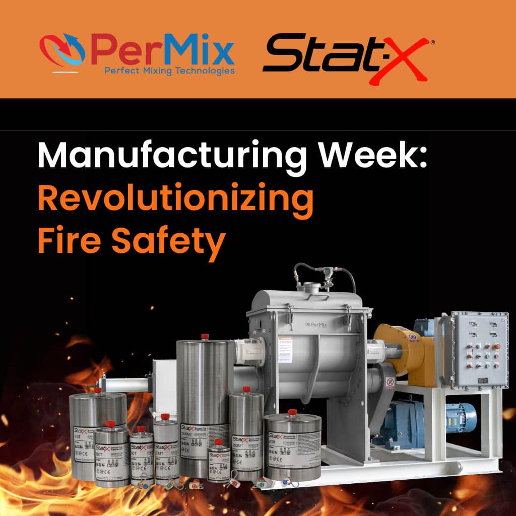 Industrial powder mixer machines, including paddle, polymer, tumbling, double planetary mixers, in front of fire safety theme.