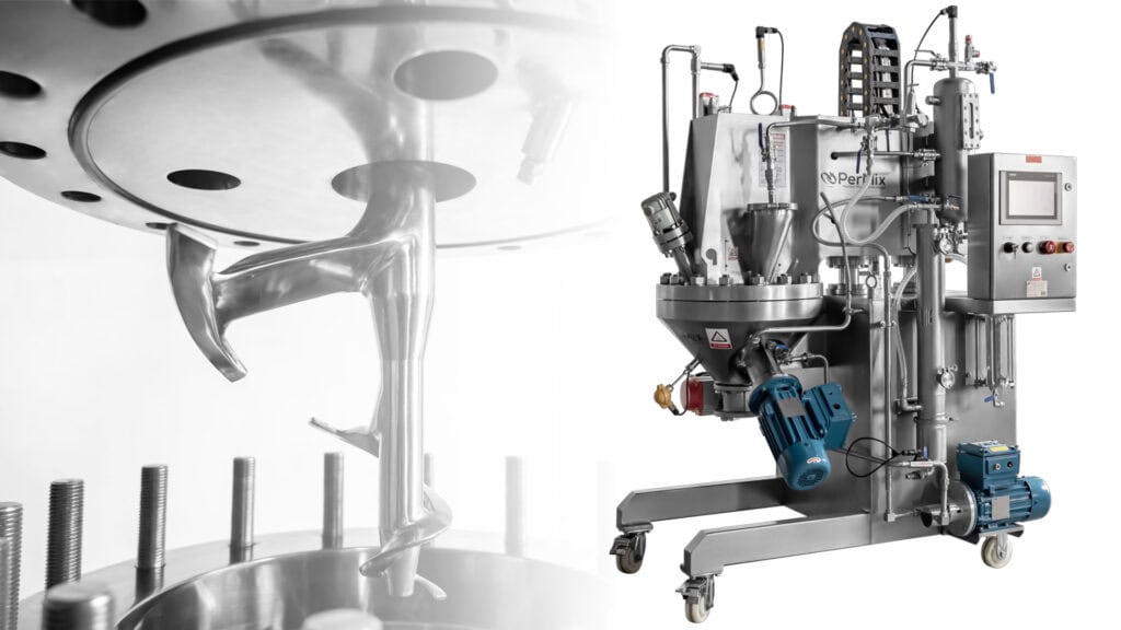 Stainless steel powder mixers industrial machine with control panel and motors, plus close-up of double planetary mixing blades.