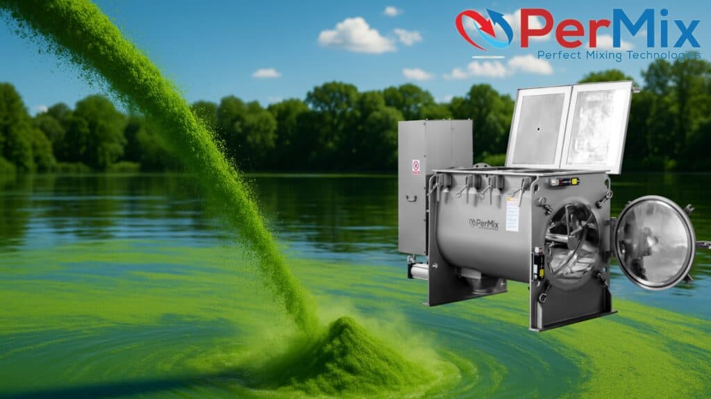 Industrial powder mixer dispensing green powder into a lake, with trees, sky, and PerMix logo—ideal for polymer mixing.
