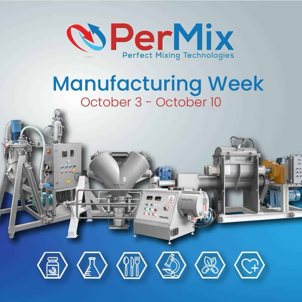 PerMix Manufacturing Week banner with paddle, polymer, tumbling, and double planetary powder mixers on blue gradient background.