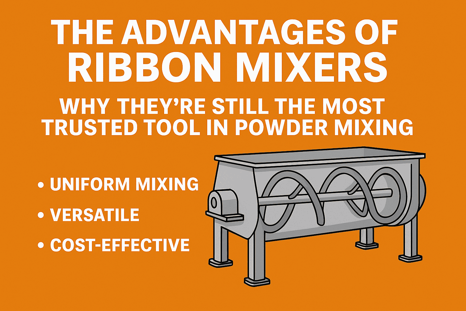 Illustration of an industrial powder mixer machine with text on uniform mixing, versatility, and cost-effectiveness.