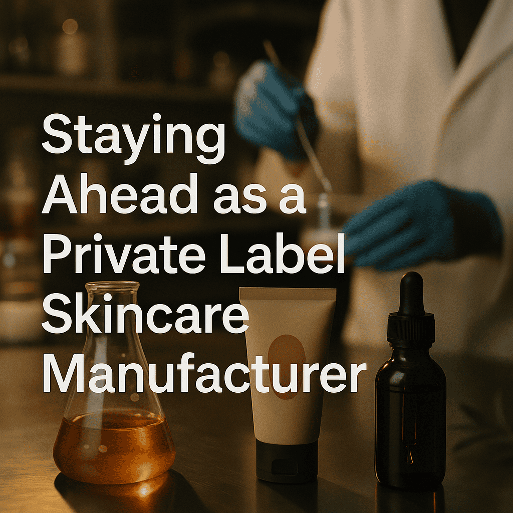 Scientist in lab coat uses powder mixer machine with skincare bottles; text: Staying Ahead as Private Label Skincare Manufacturer.