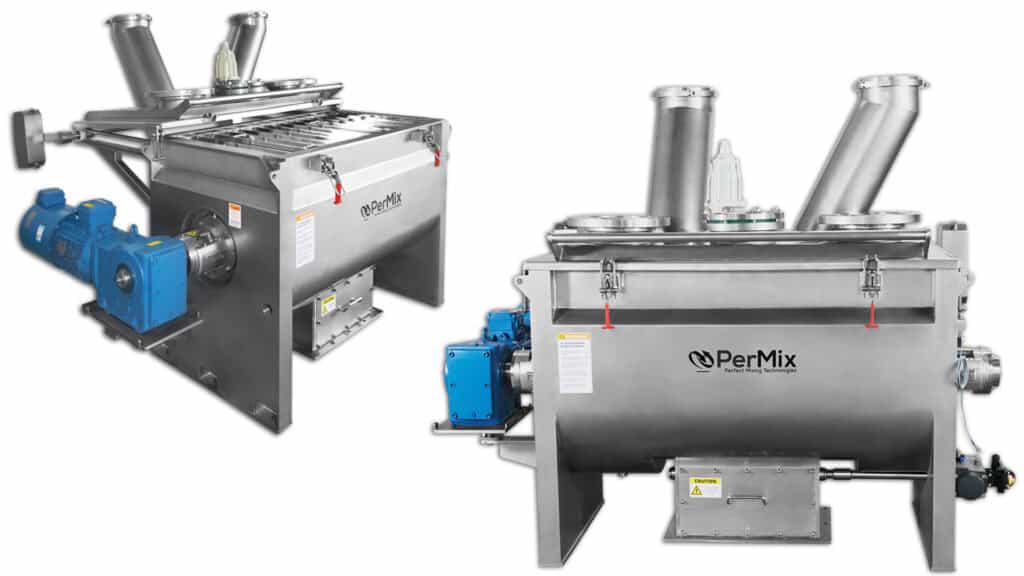 PerMix stainless steel powder mixer machines with dual inlets, blue motors, and horizontal chambers, shown from multiple angles.