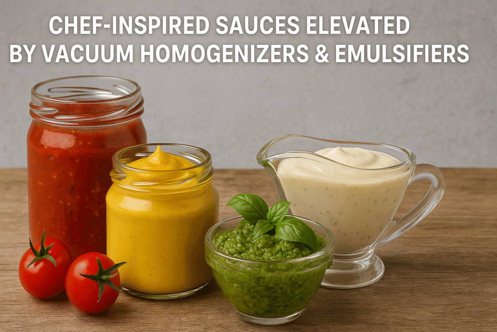 Four jars of colorful sauces on wood with tomatoes and basil, showcasing vacuum homogenizers and industrial powder mixers.