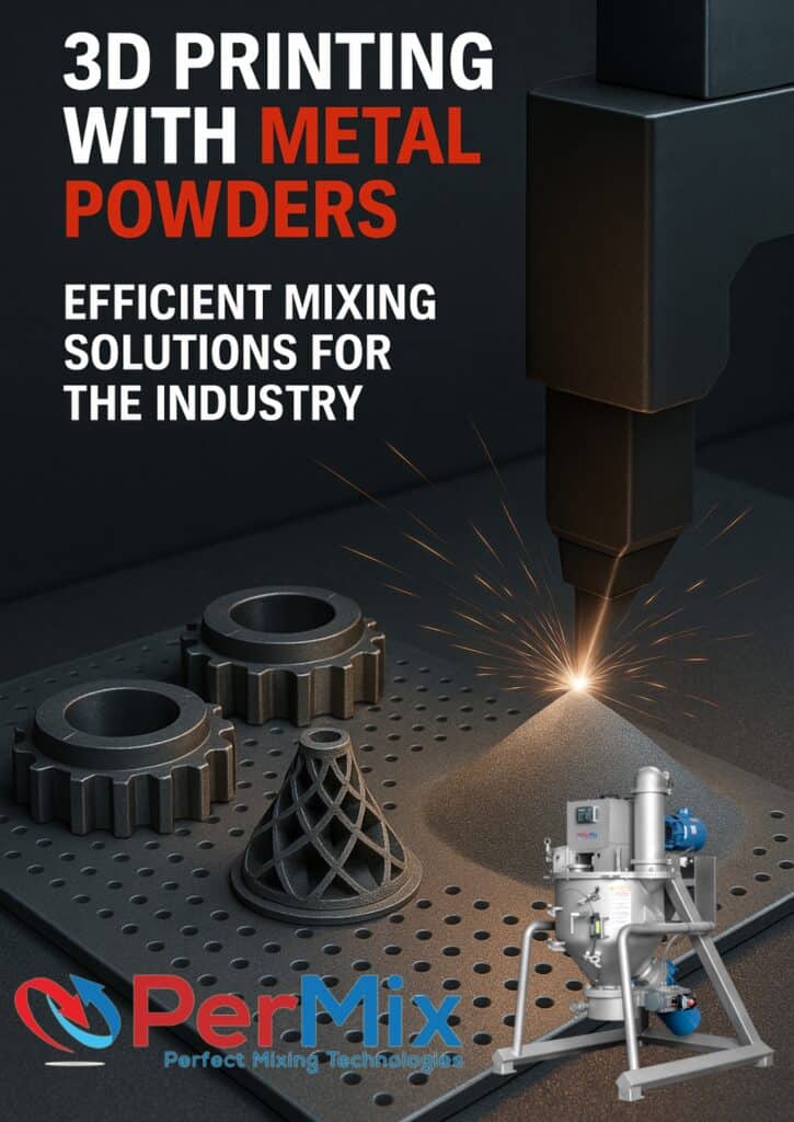 A 3D printer fuses metal powder into parts; PerMix paddle, polymer, tumbling, and double planetary mixers shown below.