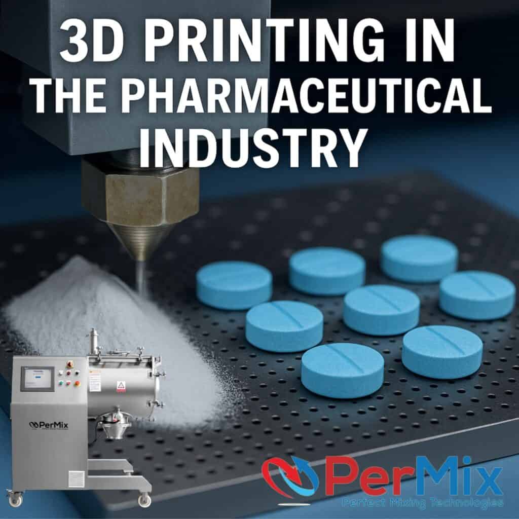 A 3D printer makes blue pills beside powder mixers, a mixing machine, and PerMix logo; text: 3D Printing in Pharma Industry.