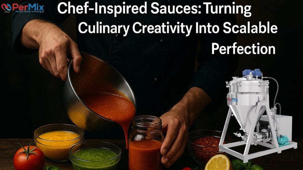 A chef pours red sauce into a jar near colorful sauces, with industrial powder mixers and mixing machines in the background.