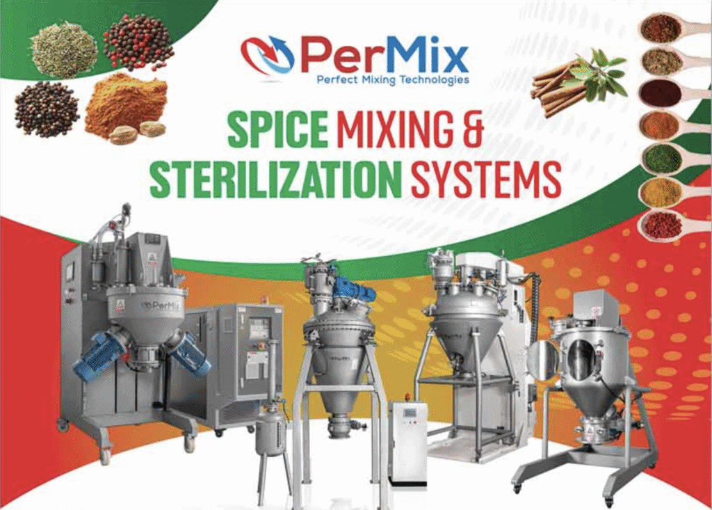 PerMix ad featuring industrial powder mixers, polymer and paddle mixers, with spices backdrop; includes double planetary, tumbling machines.