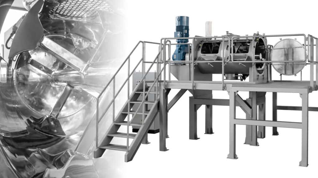 Double planetary paddle polymer mixer machine on raised platform, showing metal motor, stairs, and close-up of internal mixing blades.