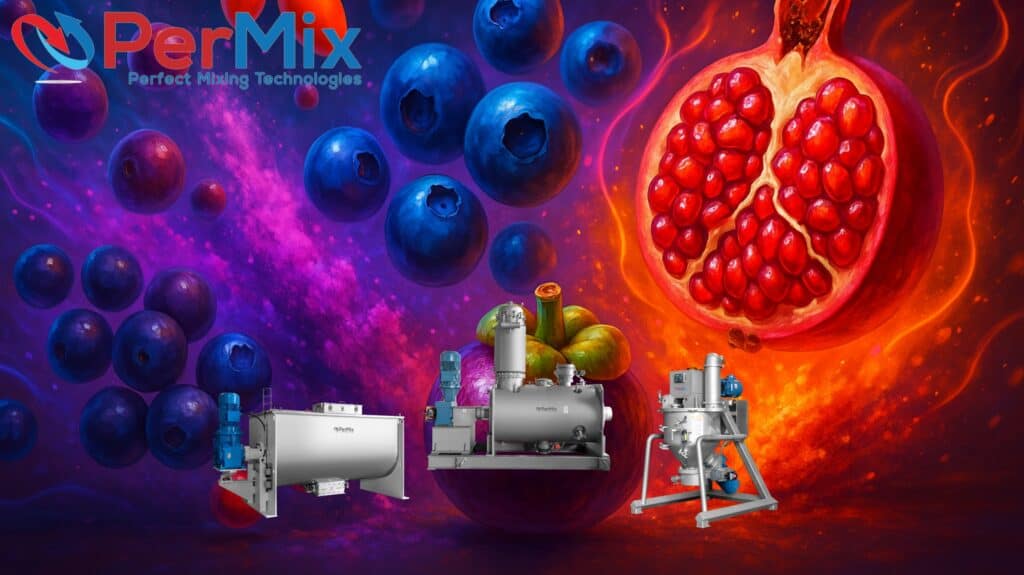 PerMix powder mixers and industrial mixing machines with blueberries, pomegranate, and abstract fruit art background.