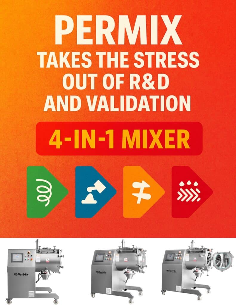 PerMix 4-in-1 powder mixer ad with paddle, polymer, tumbling, and double planetary industrial mixers for R&D validation.