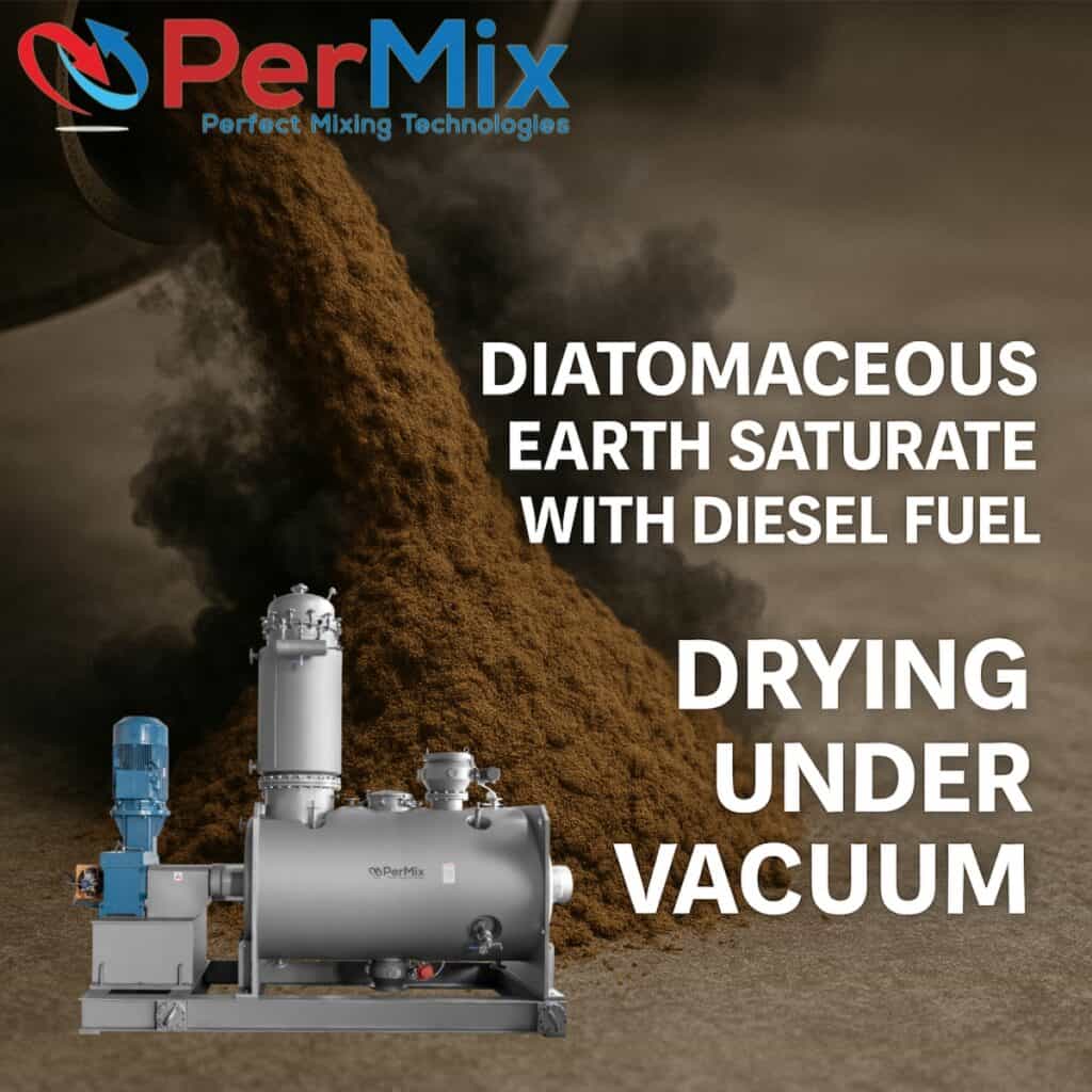 PerMix industrial powder mixer with diatomaceous earth, text on diesel saturation and vacuum drying, PerMix logo visible.
