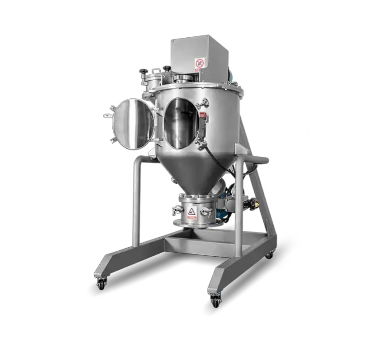 Industrial stainless steel powder mixer machine with cylindrical chamber, circular doors, and wheels for polymer or tumbling mixing.
