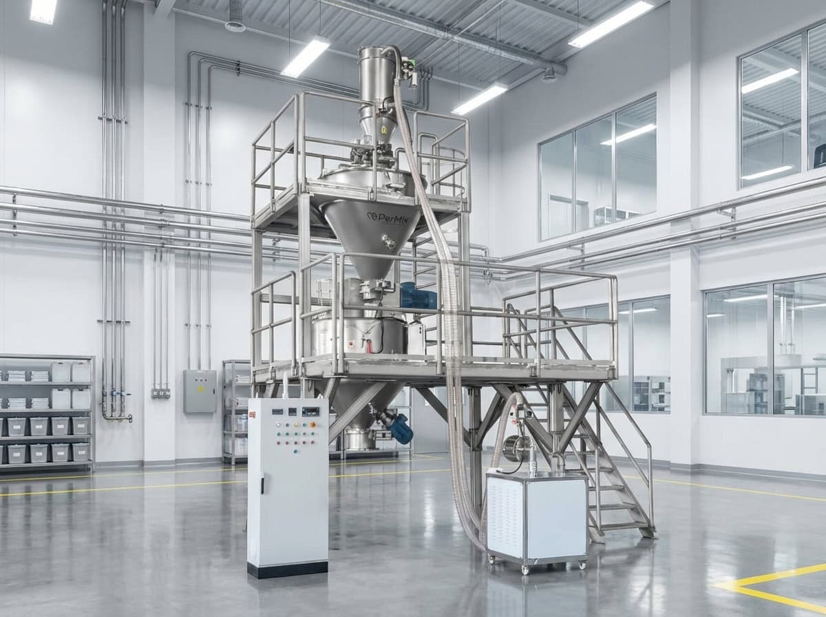 Stainless steel industrial powder mixer machine with control panel and piping in a clean, modern factory setting.