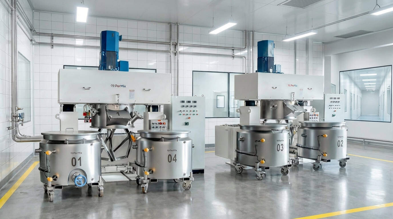 Clean industrial facility with two large stainless steel powder mixer machines, control panels, and blue overhead motors.