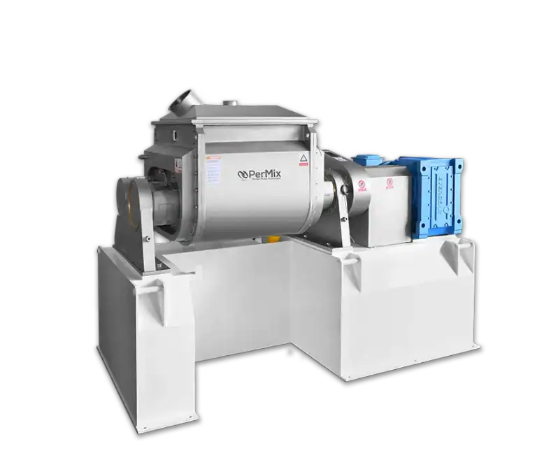PerMix stainless steel powder mixer machine with blue motor on white base, ideal for polymer and tumbling mixing applications.