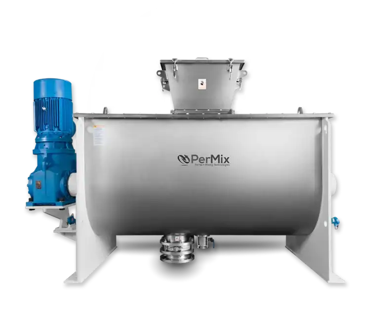 Stainless steel PerMix industrial powder mixer with blue motor, ideal for tumbling, paddle, and double planetary mixing.