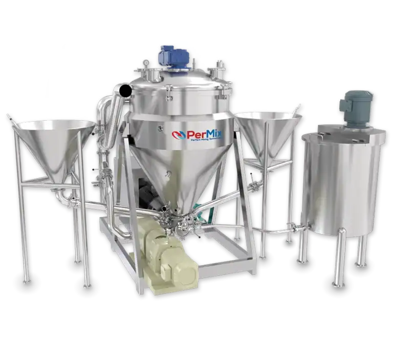 PerMix stainless steel powder mixer machine with multiple hoppers and motors, ideal for polymer, paddle, and tumbling mixing.
