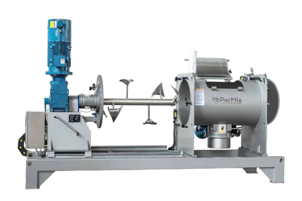 Industrial powder mixer machine with stainless steel drum, tumbling paddles, blue motor, and PerMix logo on metal base.