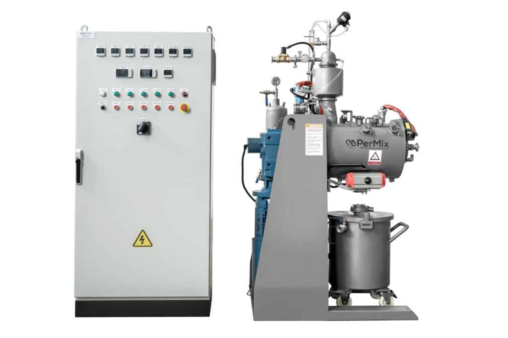 Stainless steel PerMix powder mixer machine with control panel, ideal for polymer mixing, tumbling, and double planetary mixing.