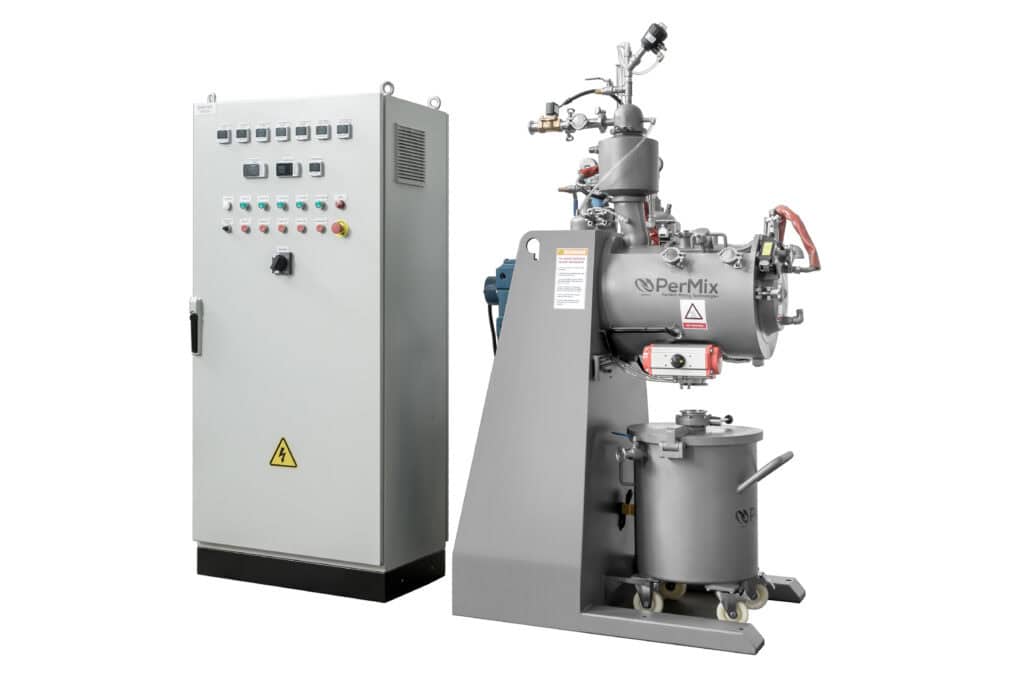 PerMix industrial powder mixer machine with control panel, mixing tank, valves; ideal for polymer, paddle, and planetary mixing.