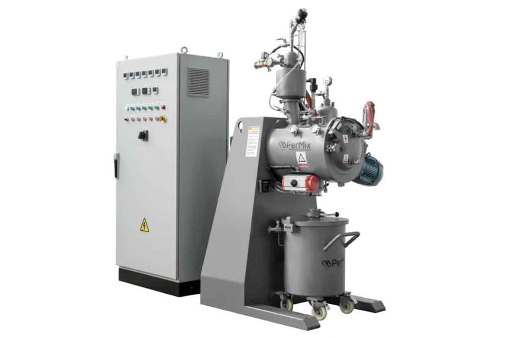 Industrial powder mixer machine with control panel, metal container, valves; ideal for polymer and tumbling mixing applications.