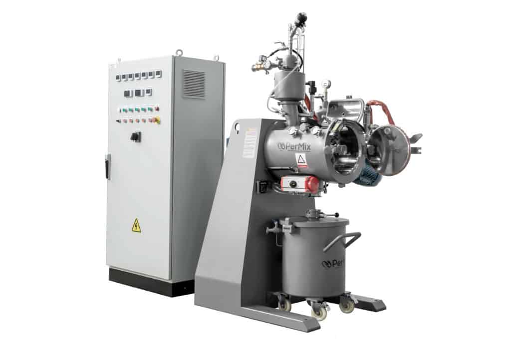 Double planetary industrial powder mixer machine with paddle blades and control panel on wheeled container, white background.