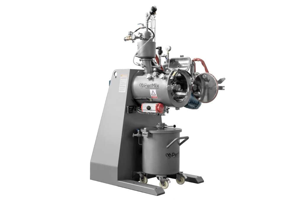 Industrial powder mixer machine with cylindrical chamber, control panel, and mobile container for polymer or tumbling mixing processes.