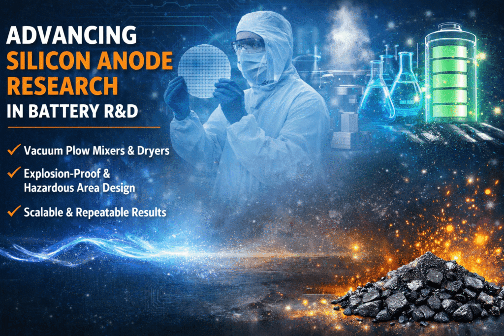 Scientist in protective gear holds silicon wafer near lab equipment and powder mixers for silicon anode battery R&D.